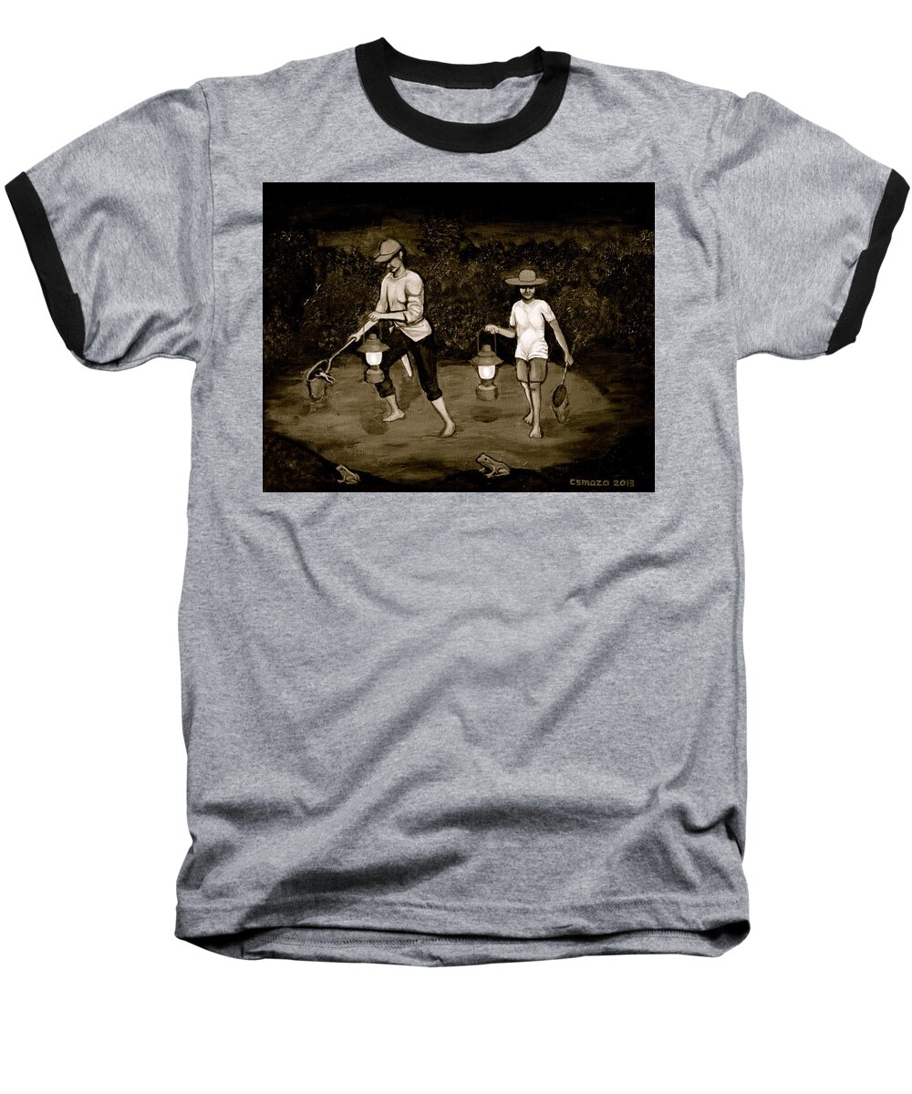 Frog Hunters Baseball T-Shirt featuring the painting Frog Hunters Black and White Photograph Version by Cyril Maza