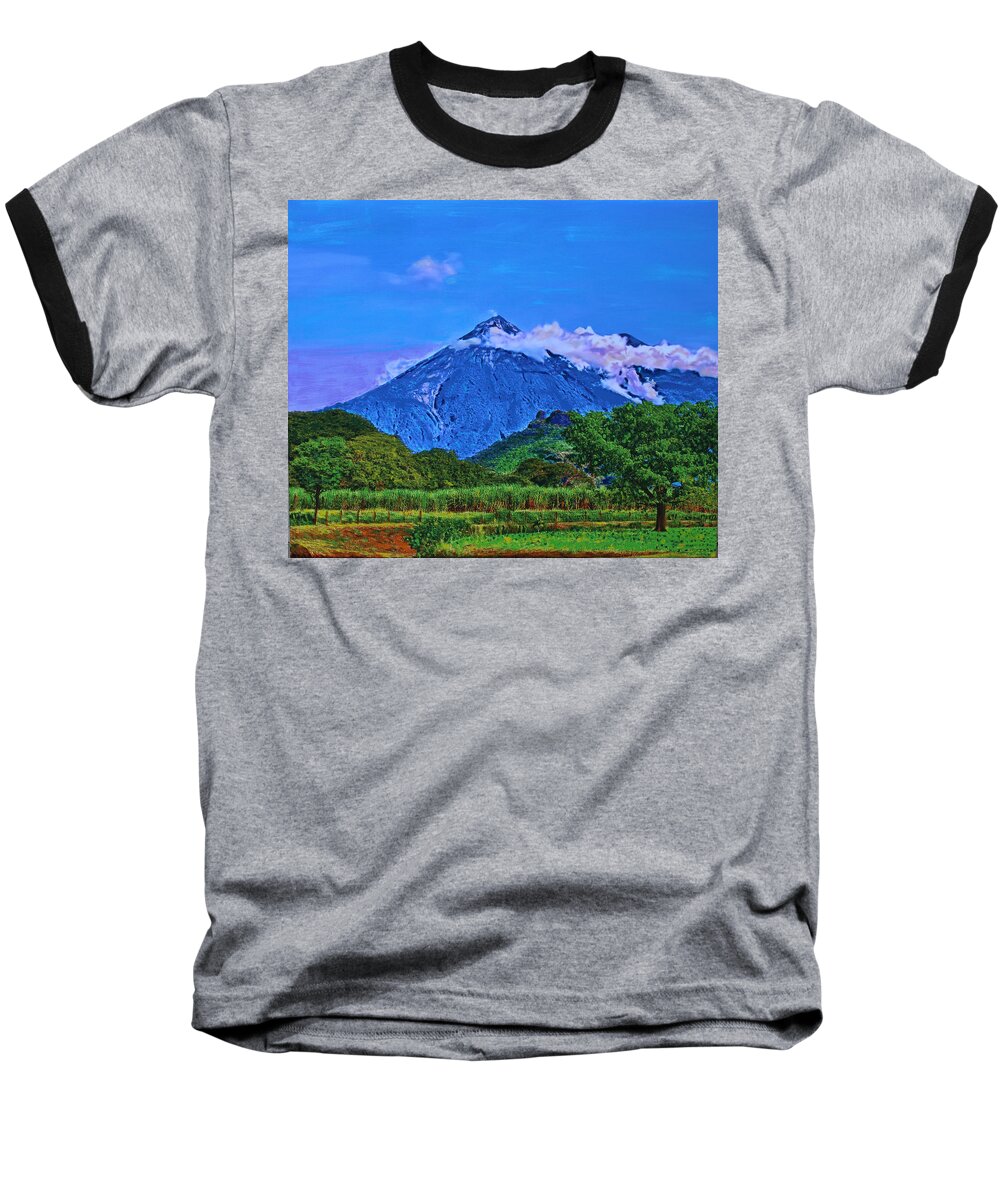 Volcano Baseball T-Shirt featuring the painting Fuego Volcano Guatamala by Deborah Boyd