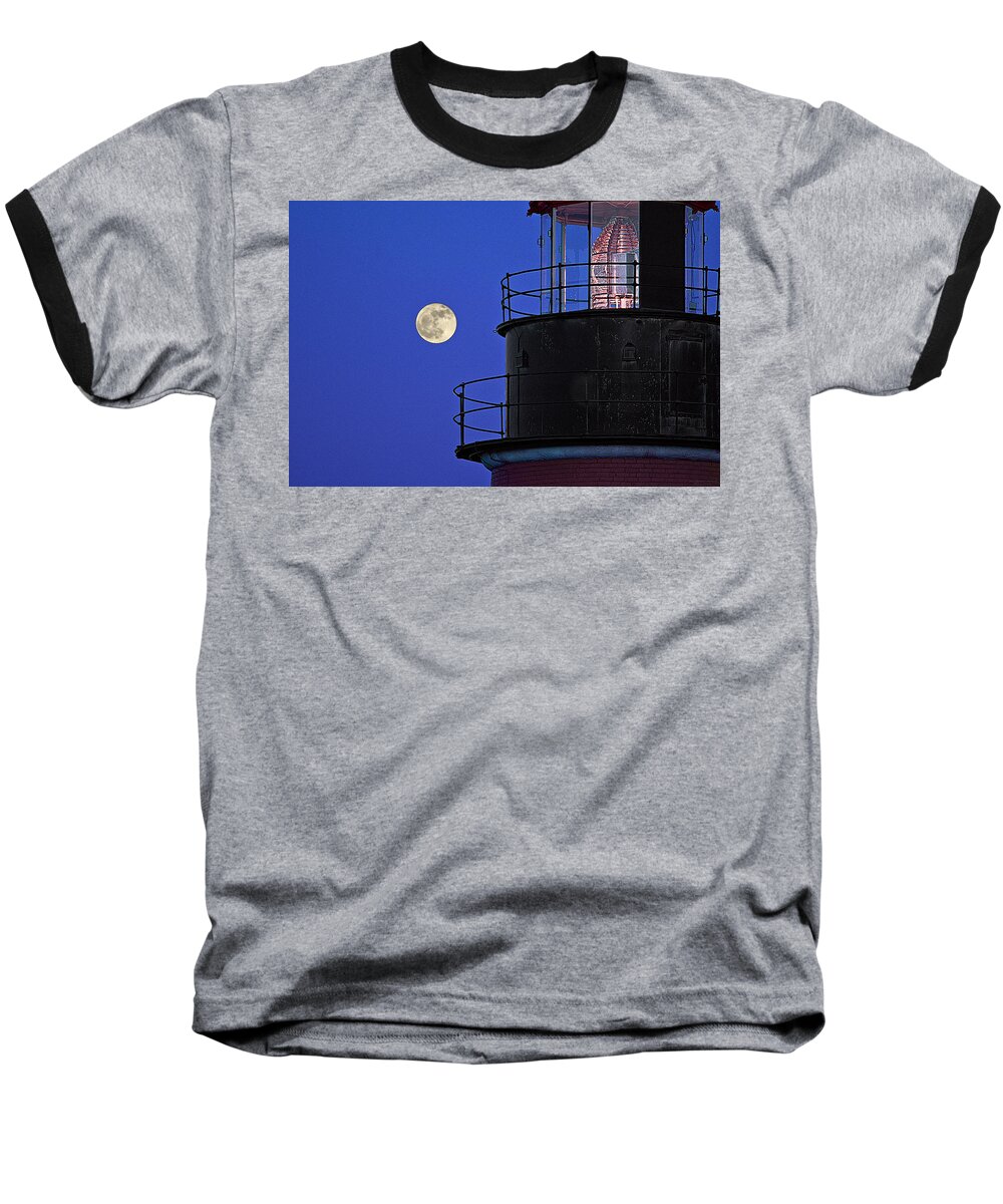 Full Moon And West Quoddy Head Lighthouse Beacon Baseball T-Shirt featuring the photograph Full Moon and West Quoddy Head Lighthouse Beacon by Marty Saccone
