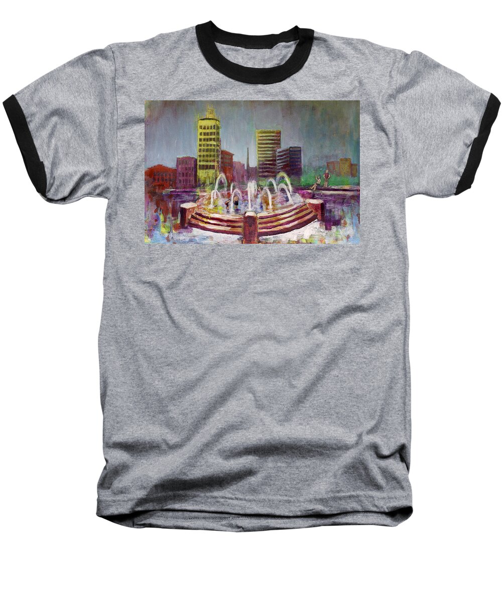 Asheville Fountain Baseball T-Shirt featuring the painting Fun in the Fountain in Asheville by Gray Artus