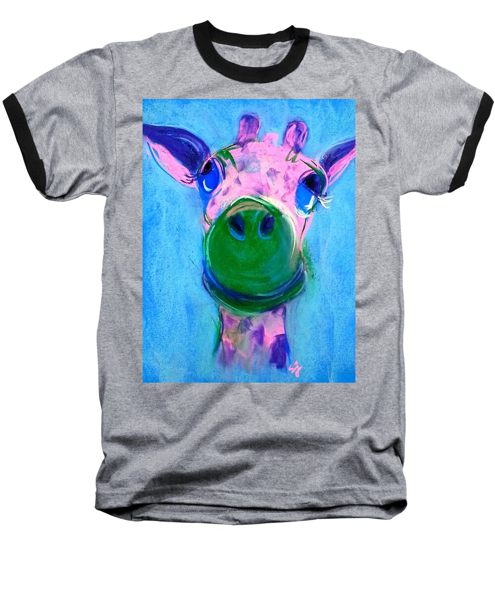 Animals Baseball T-Shirt featuring the painting Funky Giraffe in Pink by Sue Jacobi