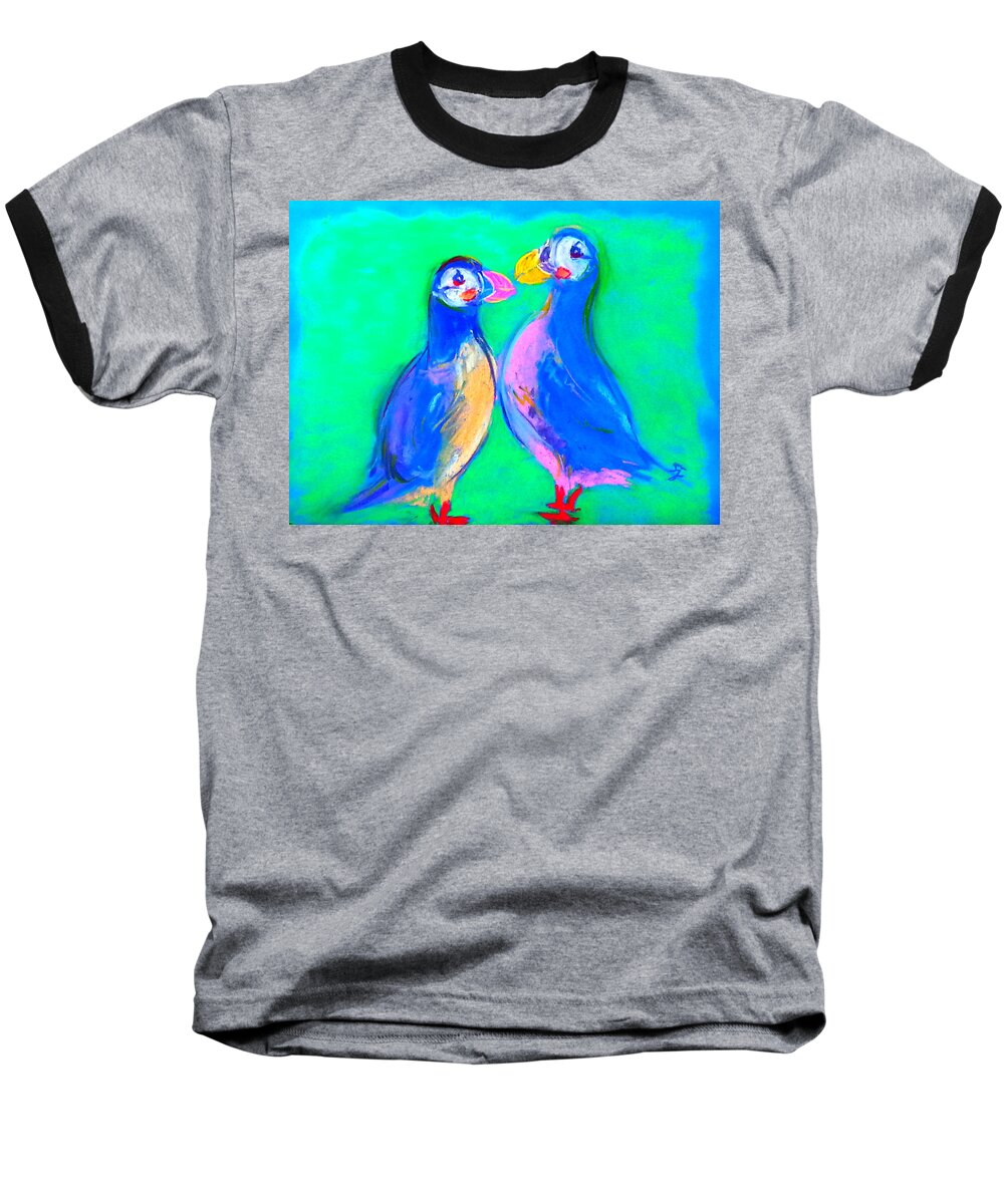 Art Baseball T-Shirt featuring the painting Funky Puffins Gossip Session by Sue Jacobi