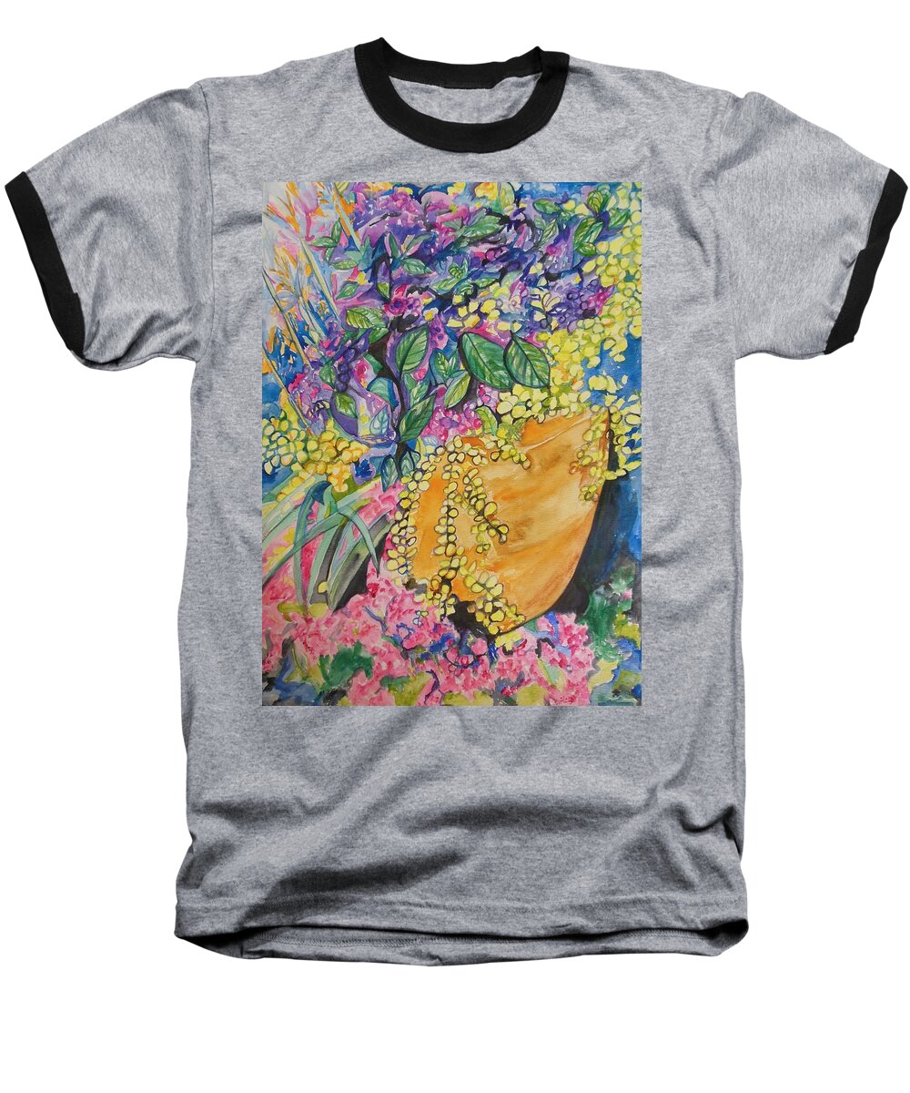 Garden Flowers In A Pot Baseball T-Shirt featuring the painting Garden Flowers in a Pot by Esther Newman-Cohen