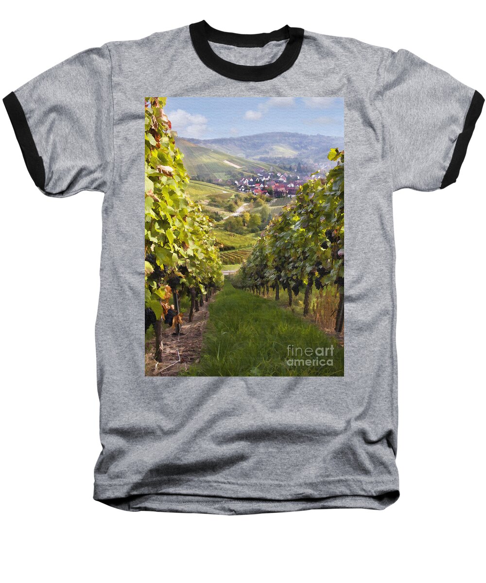 Vineyard Baseball T-Shirt featuring the digital art German Vineyard by Sharon Foster