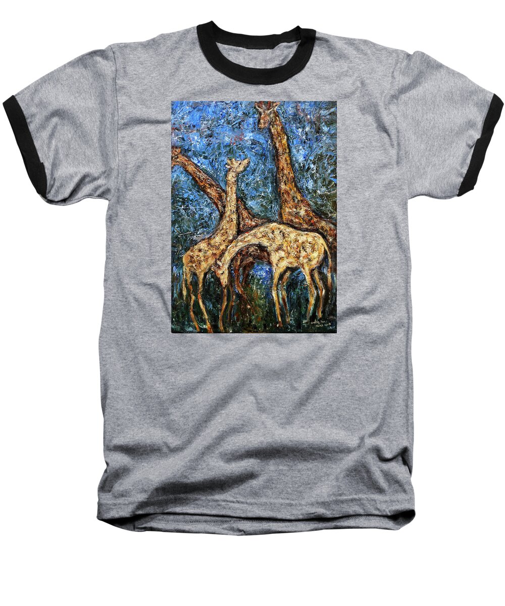Wildlife Baseball T-Shirt featuring the painting Giraffe Family by Xueling Zou