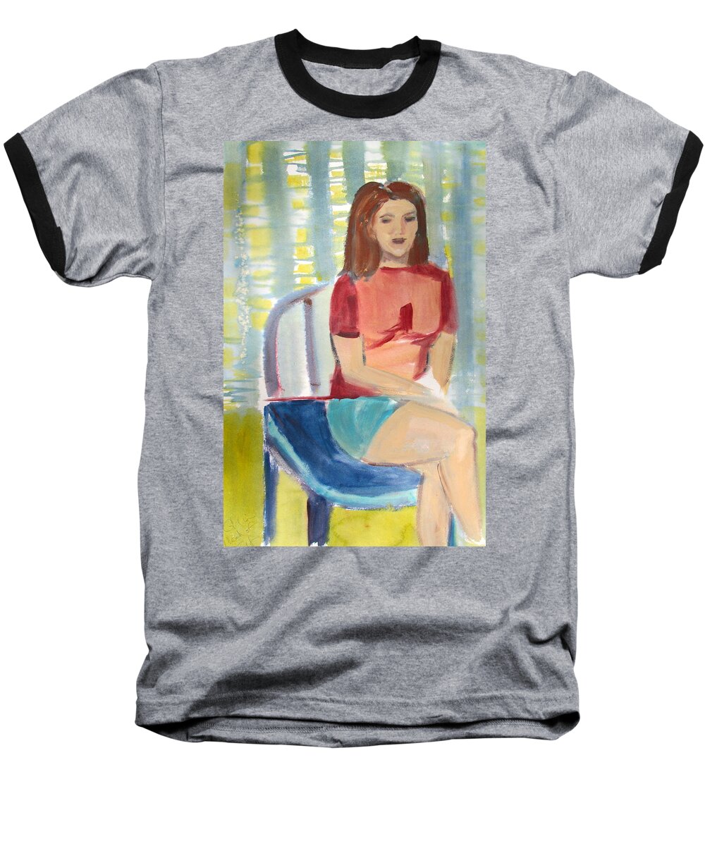 Young Woman Sitting On Chair Baseball T-Shirt featuring the painting Girl in Red Sweater Sitting in Blue Chair by Betty Pieper