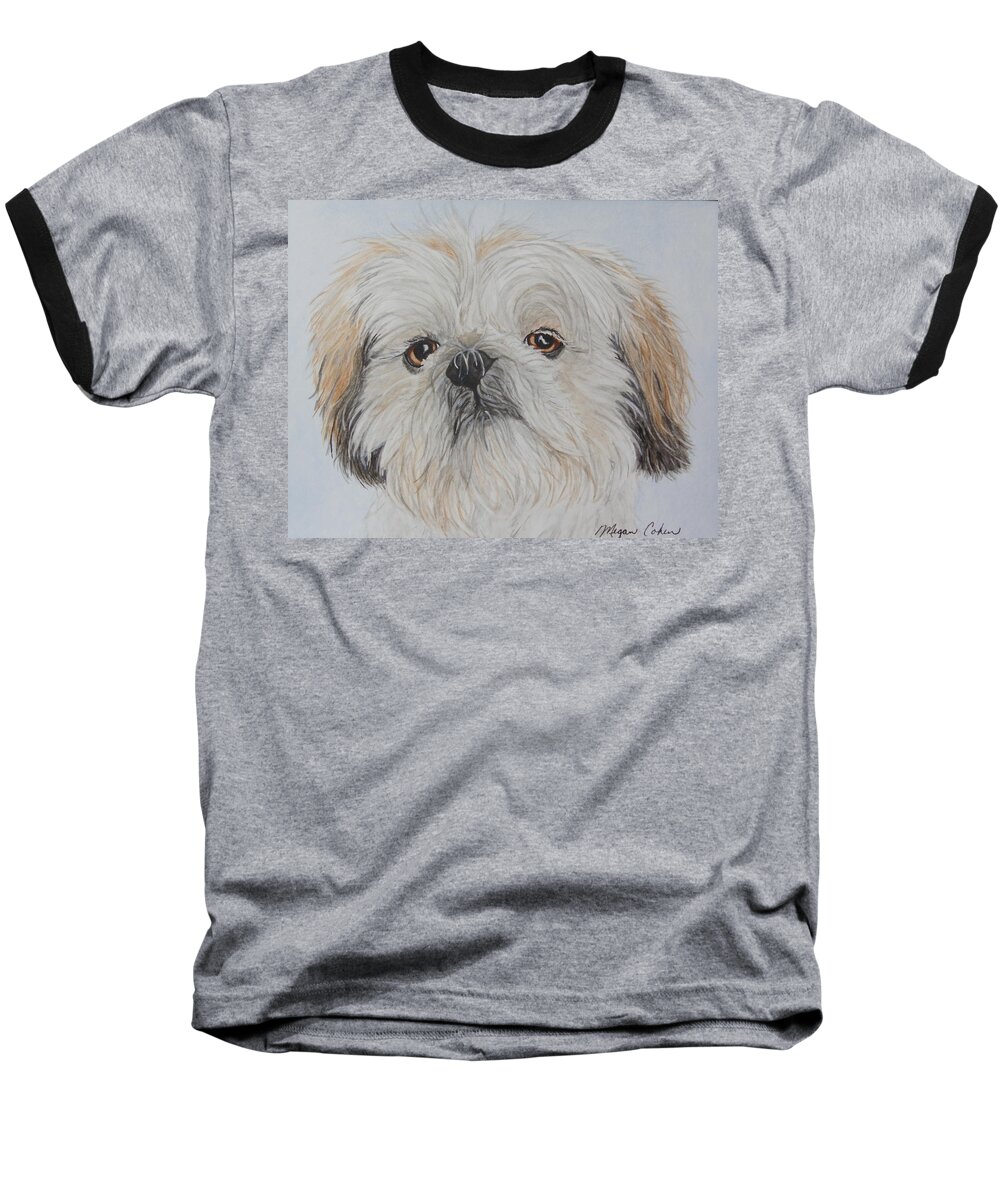 Dogs Baseball T-Shirt featuring the painting Gizmo the Shih Tzu by Megan Cohen