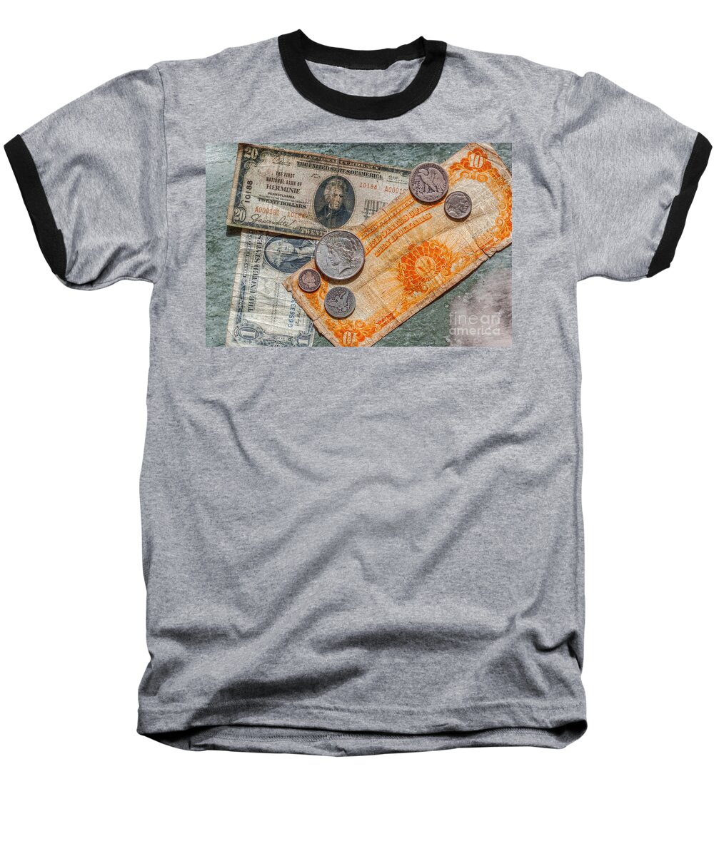 Gold Certificate And Silver Coins Baseball T-Shirt featuring the photograph Gold Certificate and Silver Coins Ver 3 by Randy Steele