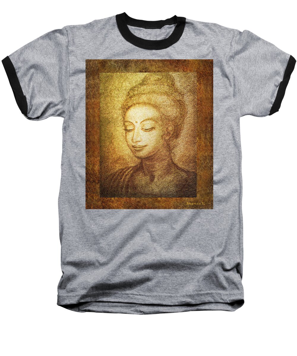 Buddha Baseball T-Shirt featuring the mixed media Golden Buddha by Ananda Vdovic