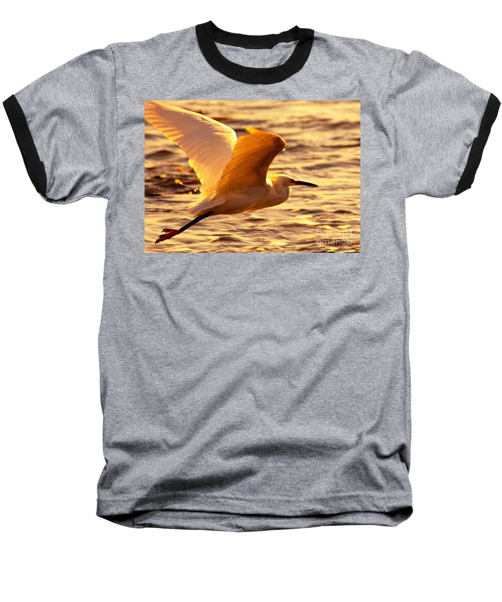 Flying Egret Prints Baseball T-Shirt featuring the photograph Golden Egret Bird Nature Fine Photography Yellow Orange Print by Jerry Cowart