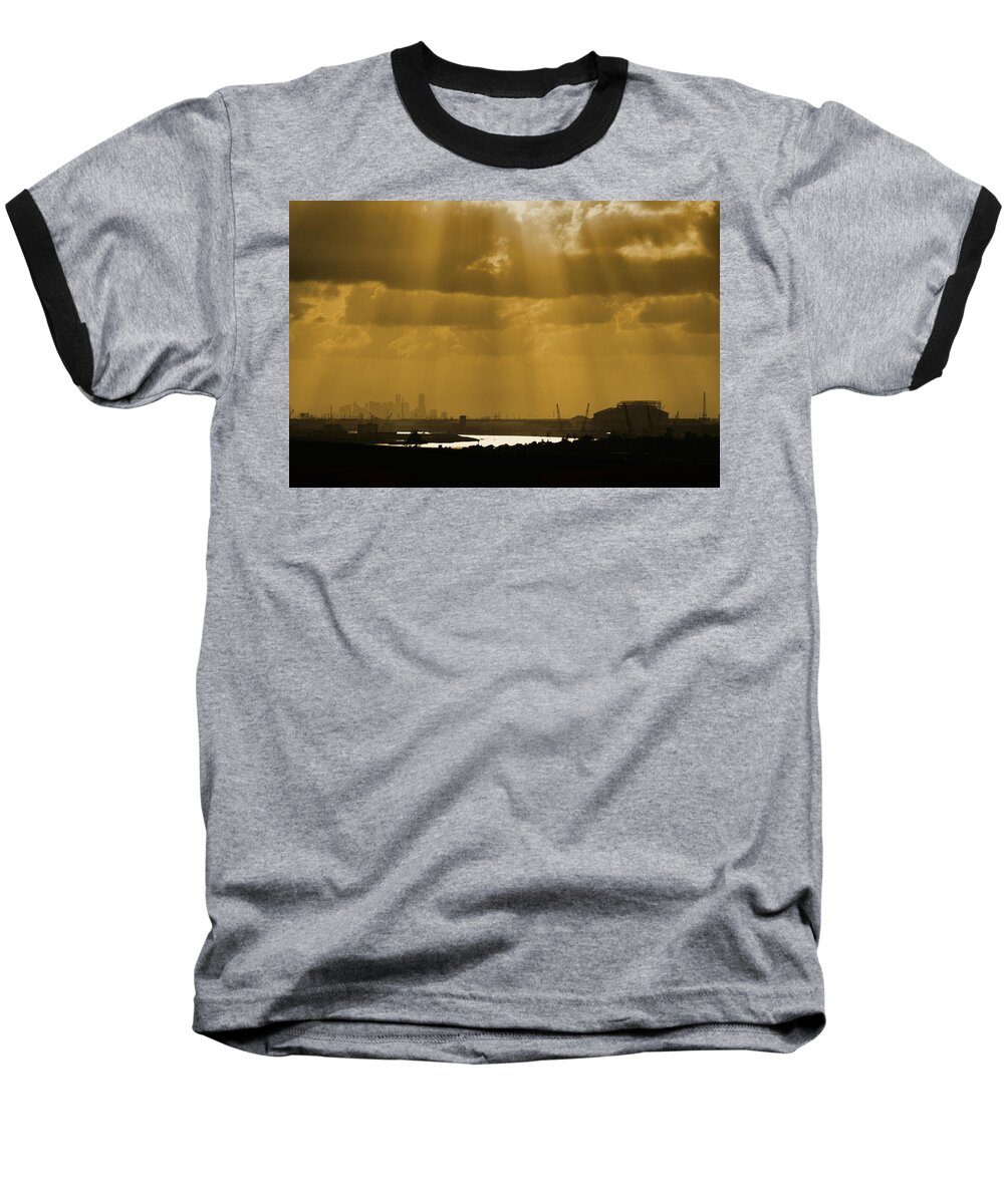 Ship Channel Baseball T-Shirt featuring the digital art Golden Light by Linda Unger