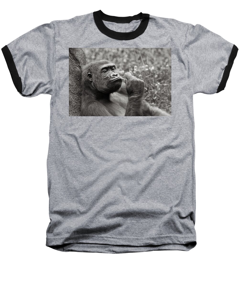 Gorilla Baseball T-Shirt featuring the photograph Gorilla Deep in Thought - Black and White by Angela Rath