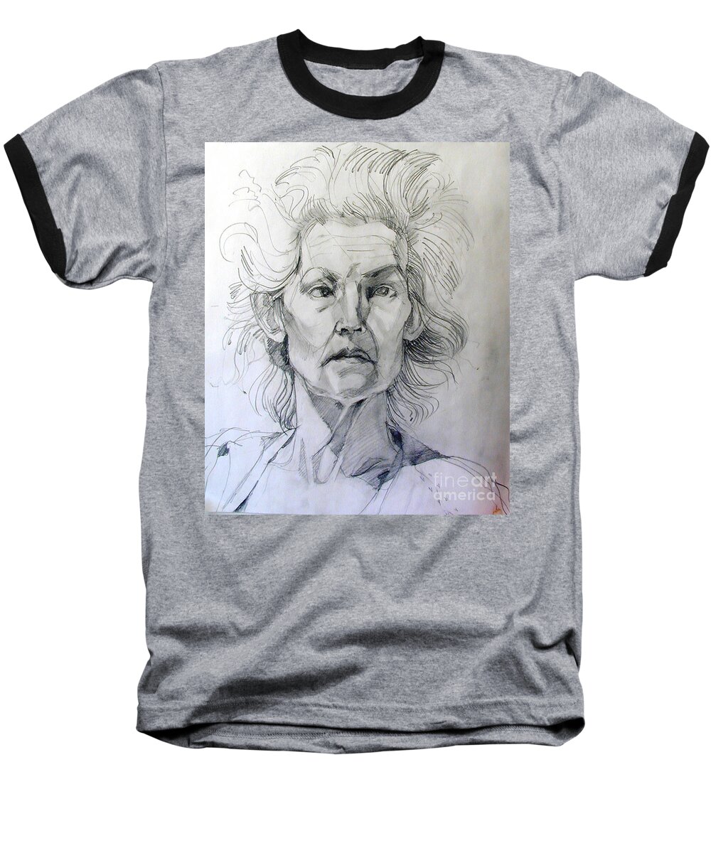 Drawing Baseball T-Shirt featuring the drawing Graphite Portrait Sketch of a well known cross eyed model by Greta Corens