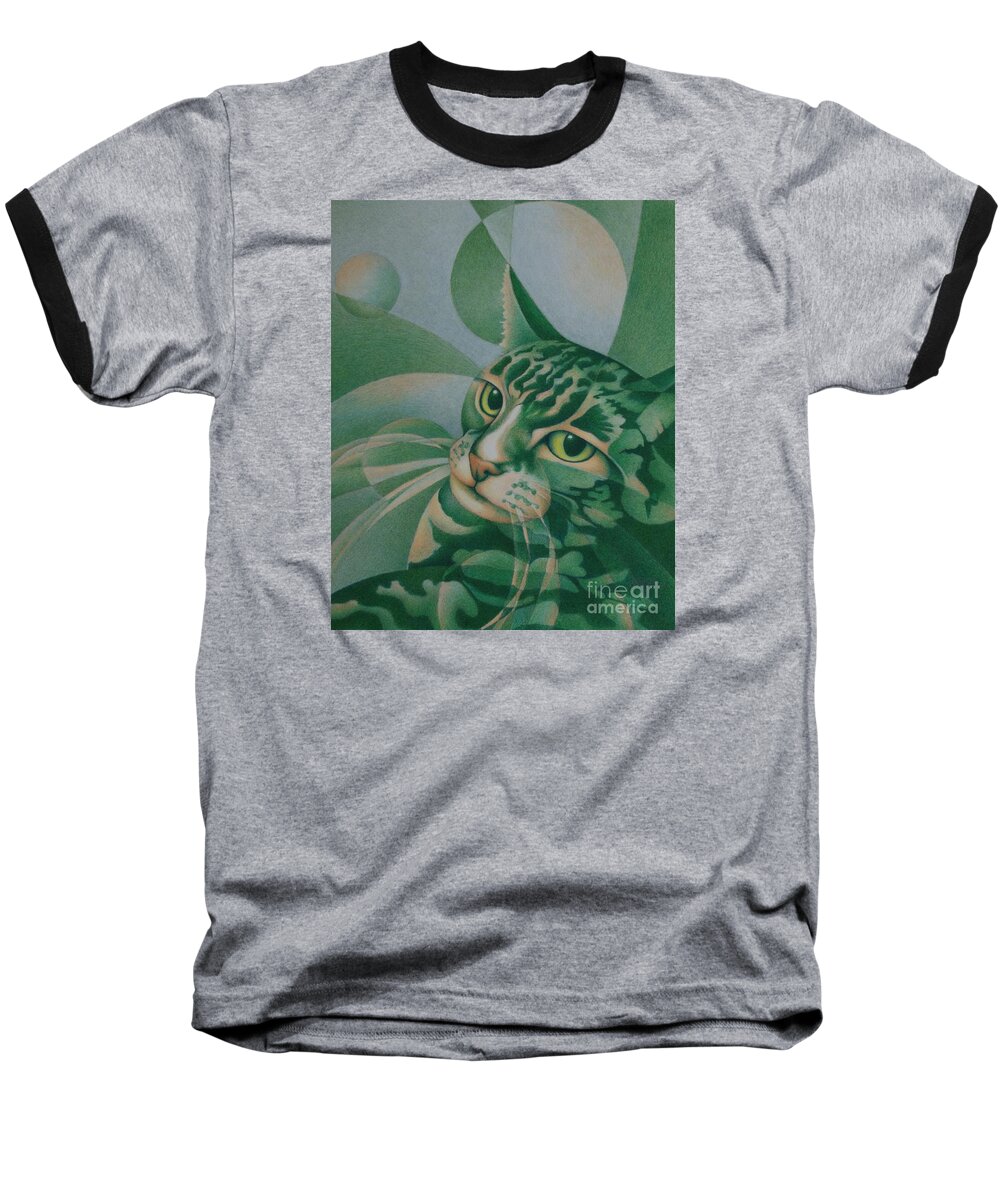 Cat Baseball T-Shirt featuring the painting Green Feline Geometry by Pamela Clements