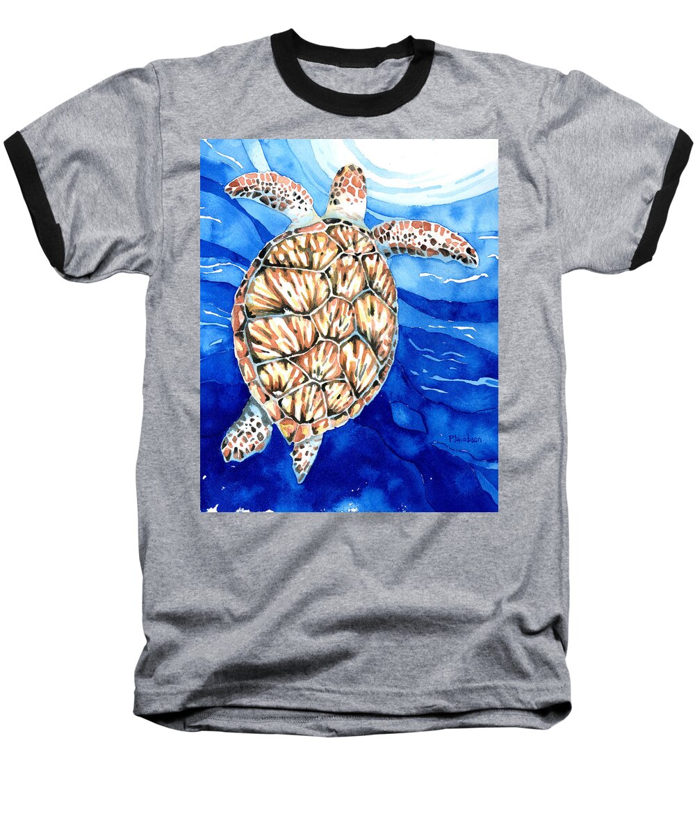 Sea Turtle Baseball T-Shirt featuring the painting Green Sea Turtle Surfacing by Pauline Walsh Jacobson