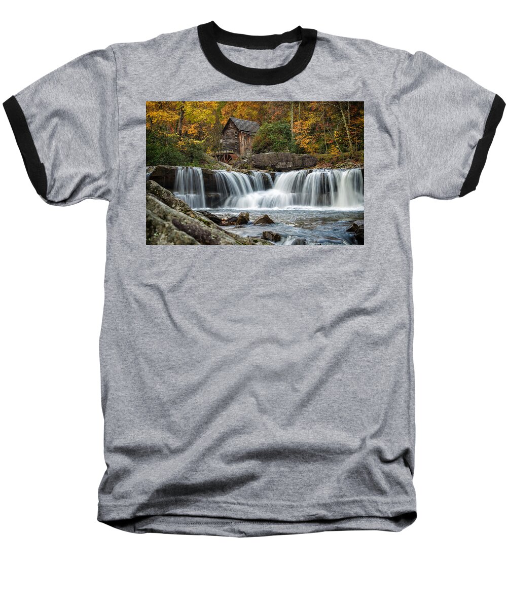 Babcock State Park Baseball T-Shirt featuring the photograph Grist Mill with Vibrant Fall Colors by Lori Coleman