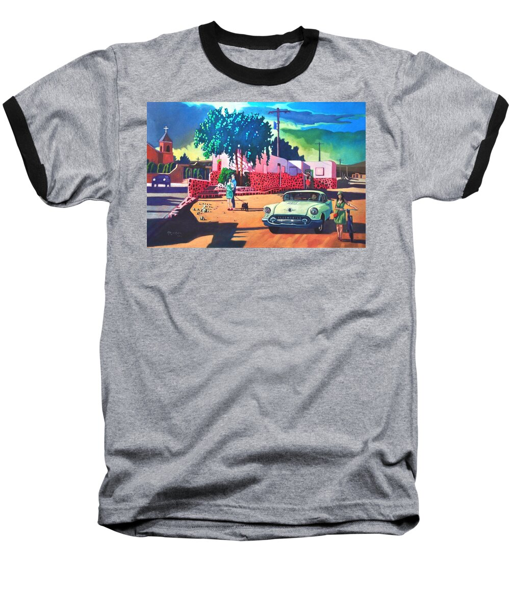 Guys Baseball T-Shirt featuring the painting Guys Dolls and Pink Adobe by Art West