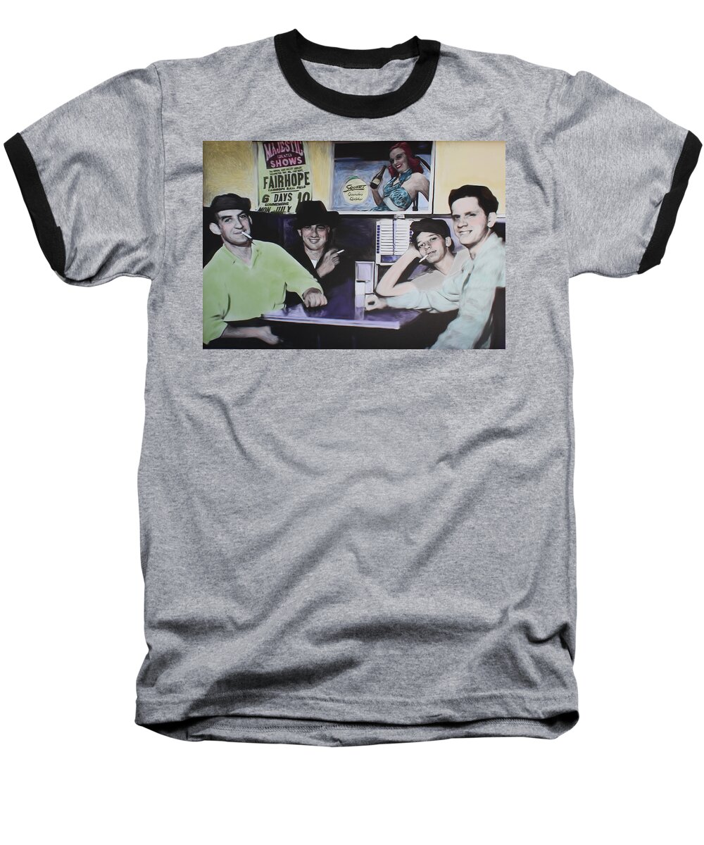 Diner Baseball T-Shirt featuring the digital art Dad and Friends Hanging At The Diner 1949 by Deborah Boyd