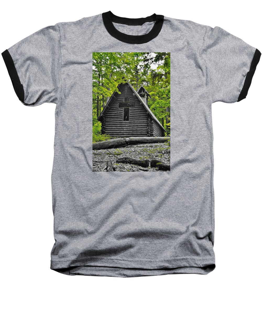  Baseball T-Shirt featuring the photograph Hartwick Pines Chapel BWG by Daniel Thompson