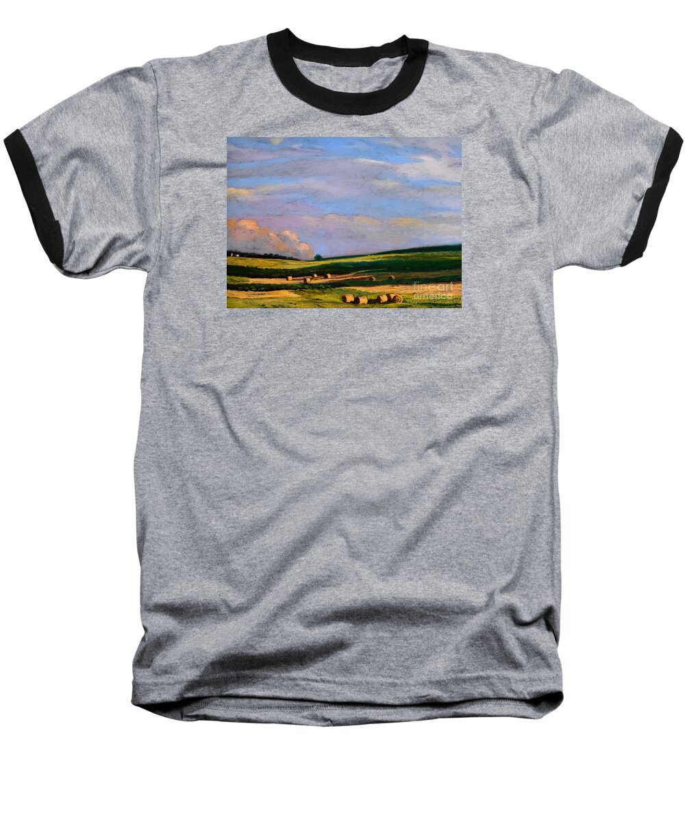 Farm Baseball T-Shirt featuring the painting Hay Rolls on the Farm in Westmoreland County Pennsylvania by Christopher Shellhammer