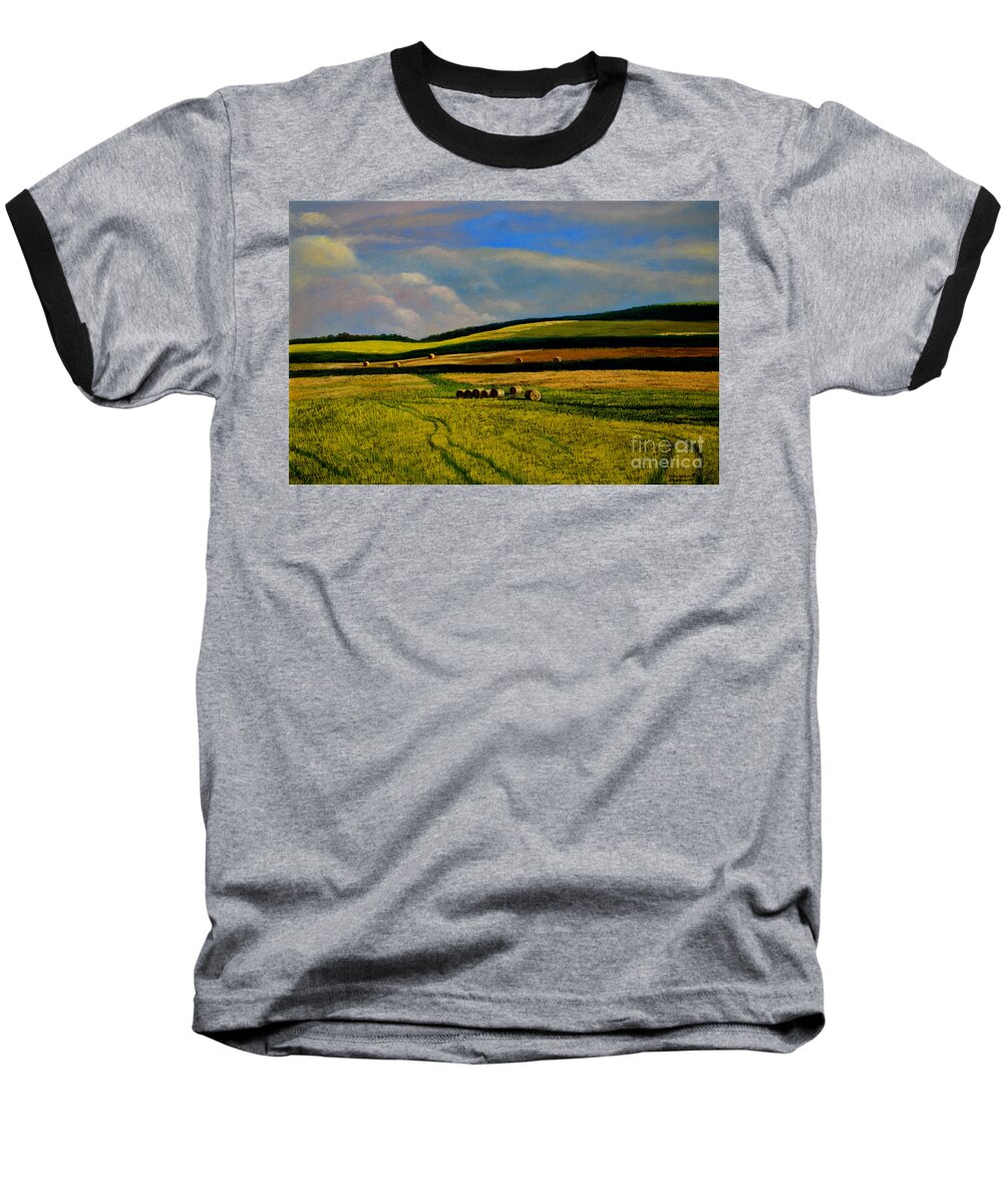 Hay Rolls Baseball T-Shirt featuring the painting Hay Rolls on the Field Number Two by Christopher Shellhammer
