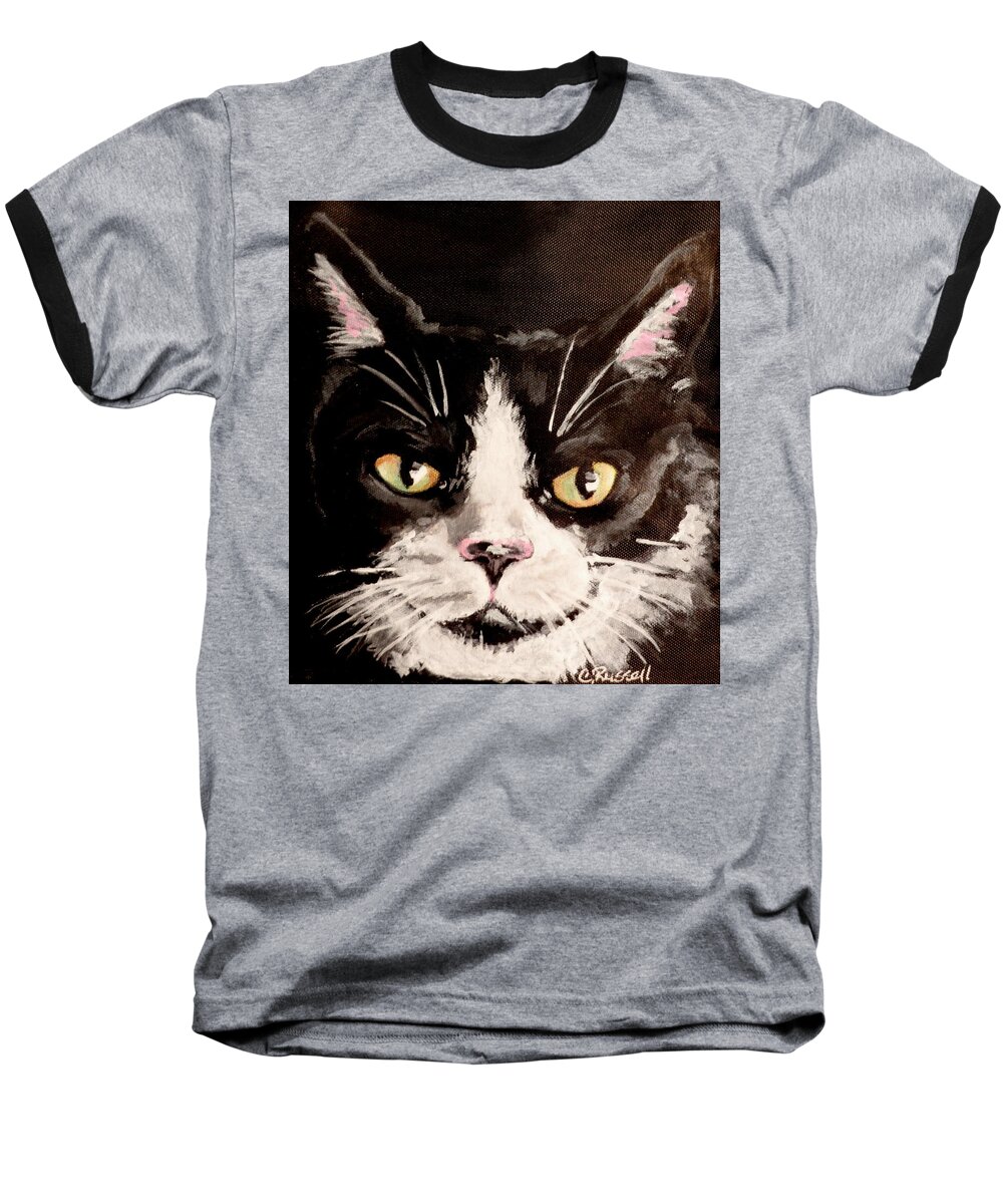 Tuxedo Cat Close Up Of Cat Black And White Cat Baseball T-Shirt featuring the painting Henry by Carol Russell