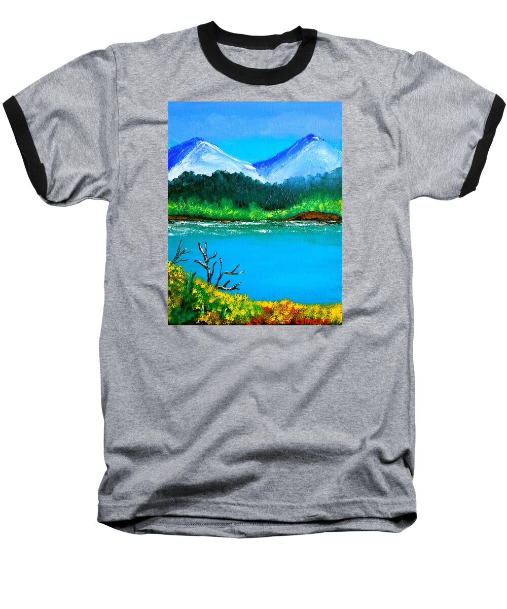 Hills Baseball T-Shirt featuring the painting Hills by the Lake by Cyril Maza
