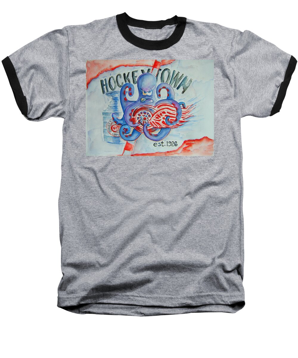 Detroit Red Wings Baseball T-Shirt featuring the painting Hockeytown by Elaine Duras