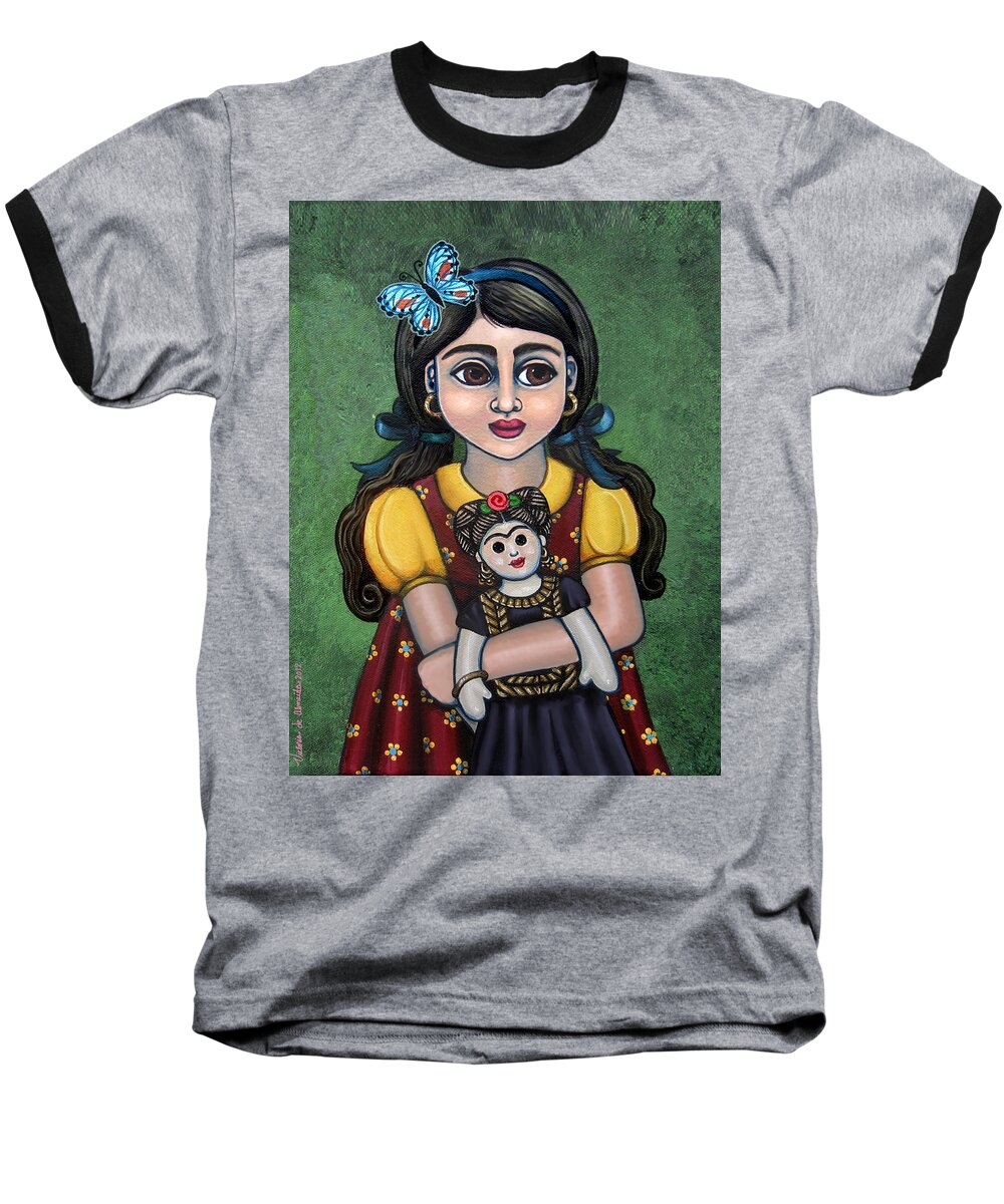 Frida Baseball T-Shirt featuring the painting Holding Frida with Butterfly by Victoria De Almeida