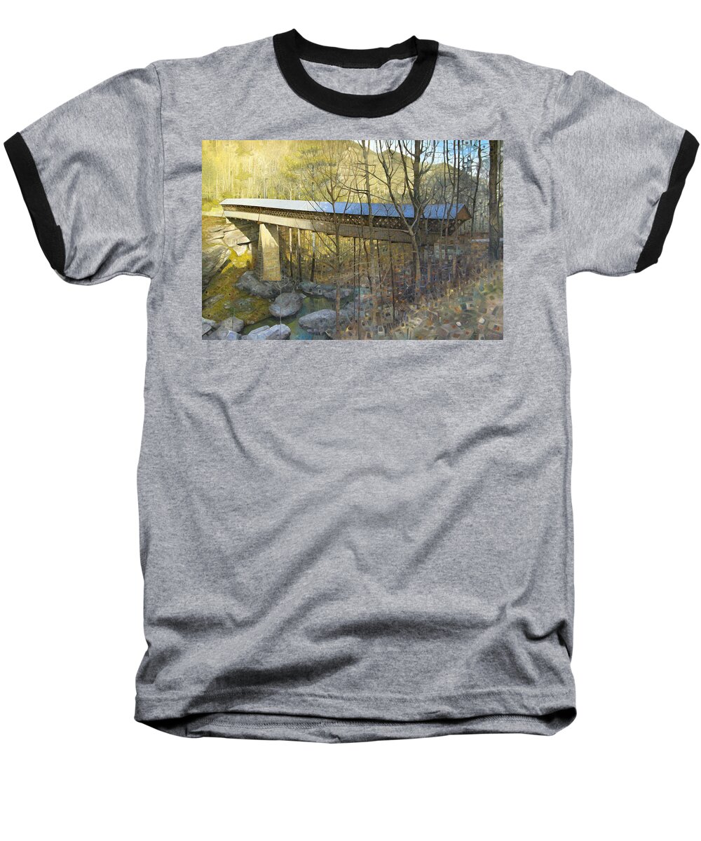 Covered Bridge Baseball T-Shirt featuring the painting Horton Mill Covered Bridge in Winter by T S Carson