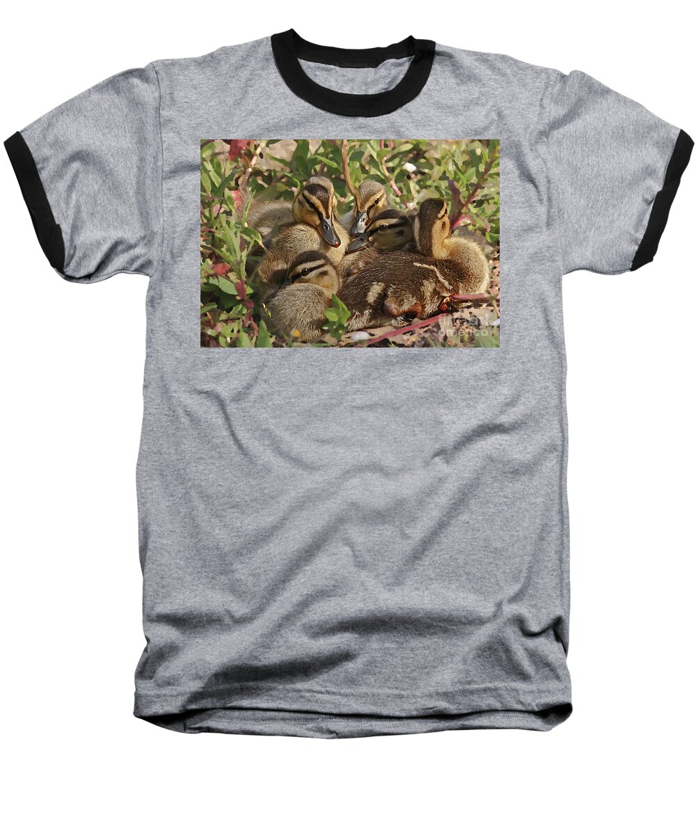Kate Brown Baseball T-Shirt featuring the photograph Huddled Ducklings by Kate Brown