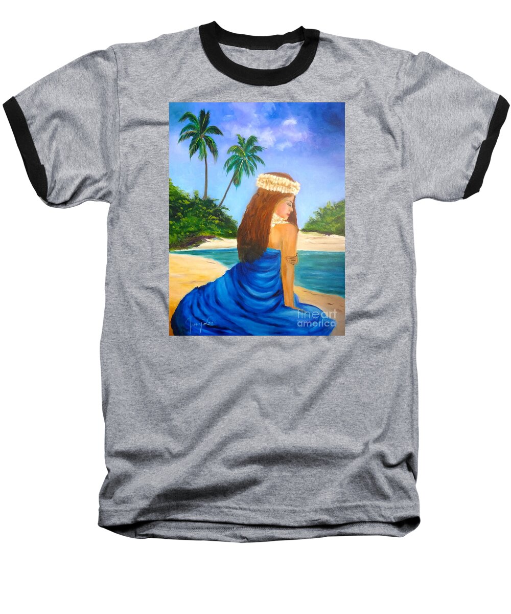 Hula Girl Baseball T-Shirt featuring the painting Hula Girl On The Beach by Jenny Lee