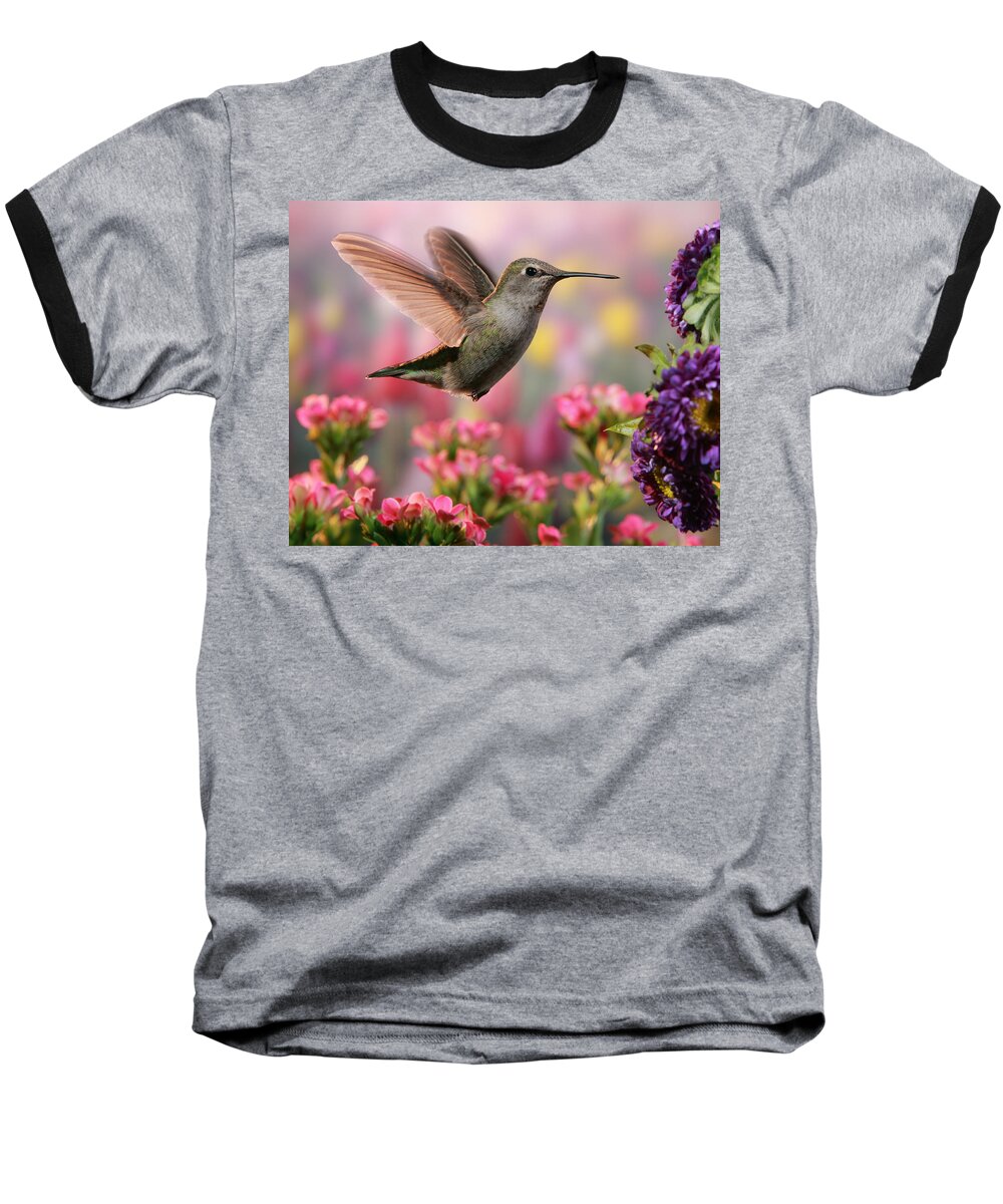 Hummingbird Baseball T-Shirt featuring the photograph Hummingbird in colorful garden by William Lee