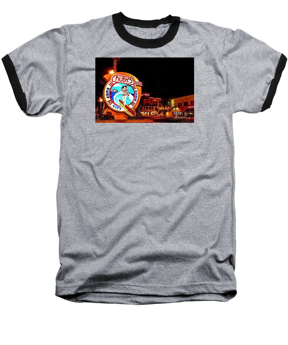 Huntington Beach Baseball T-Shirt featuring the photograph Huntington Beach Downtown Nightside 2 by Jim Carrell