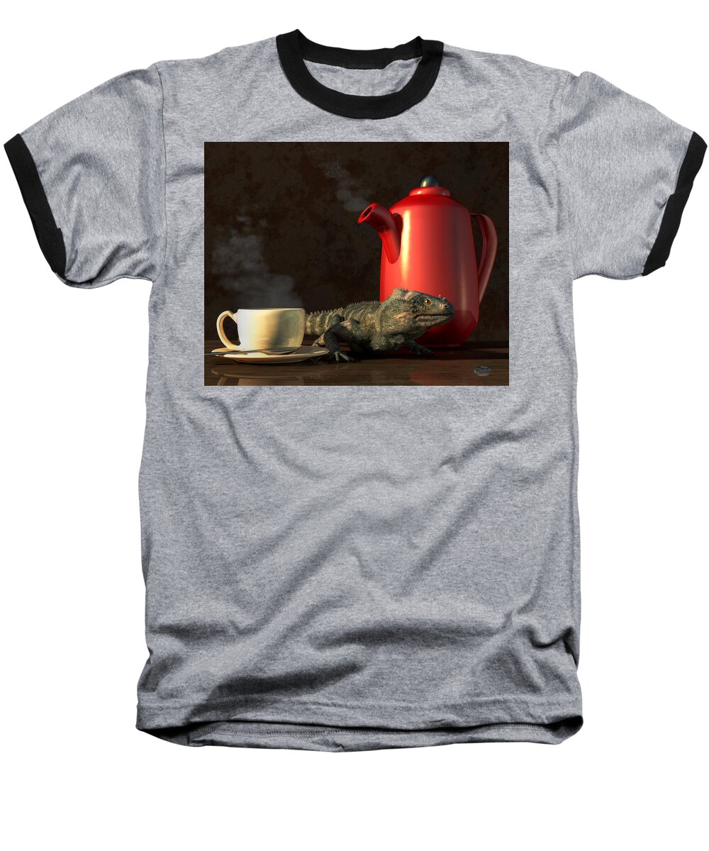 Iguana Coffee Baseball T-Shirt featuring the digital art Iguana Coffee by Daniel Eskridge