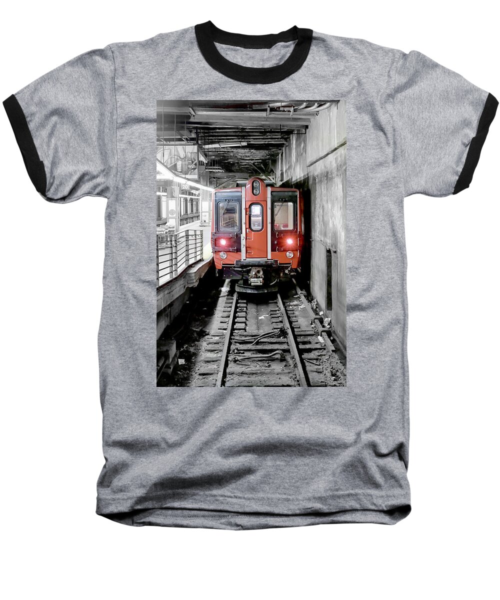 Photography Baseball T-Shirt featuring the pyrography I'm leaving on a Train by Paul Watkins