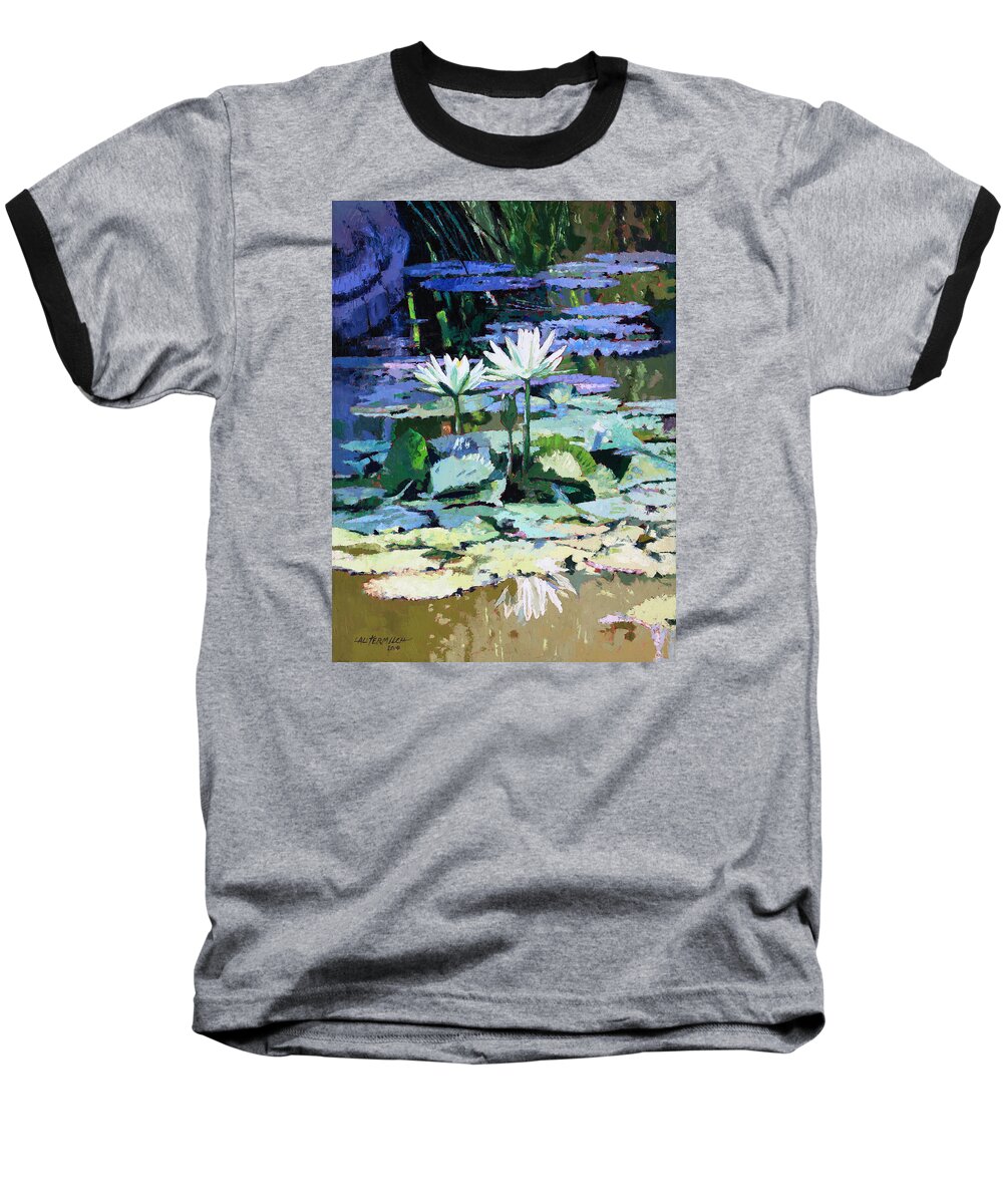 Garden Pond Baseball T-Shirt featuring the painting Impressions of Sunlight by John Lautermilch