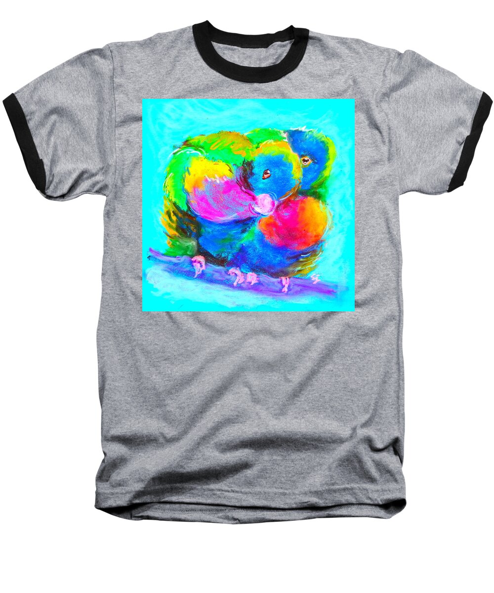 Rainbow Lorikeets Baseball T-Shirt featuring the painting In Love Birds - Lorikeets by Sue Jacobi