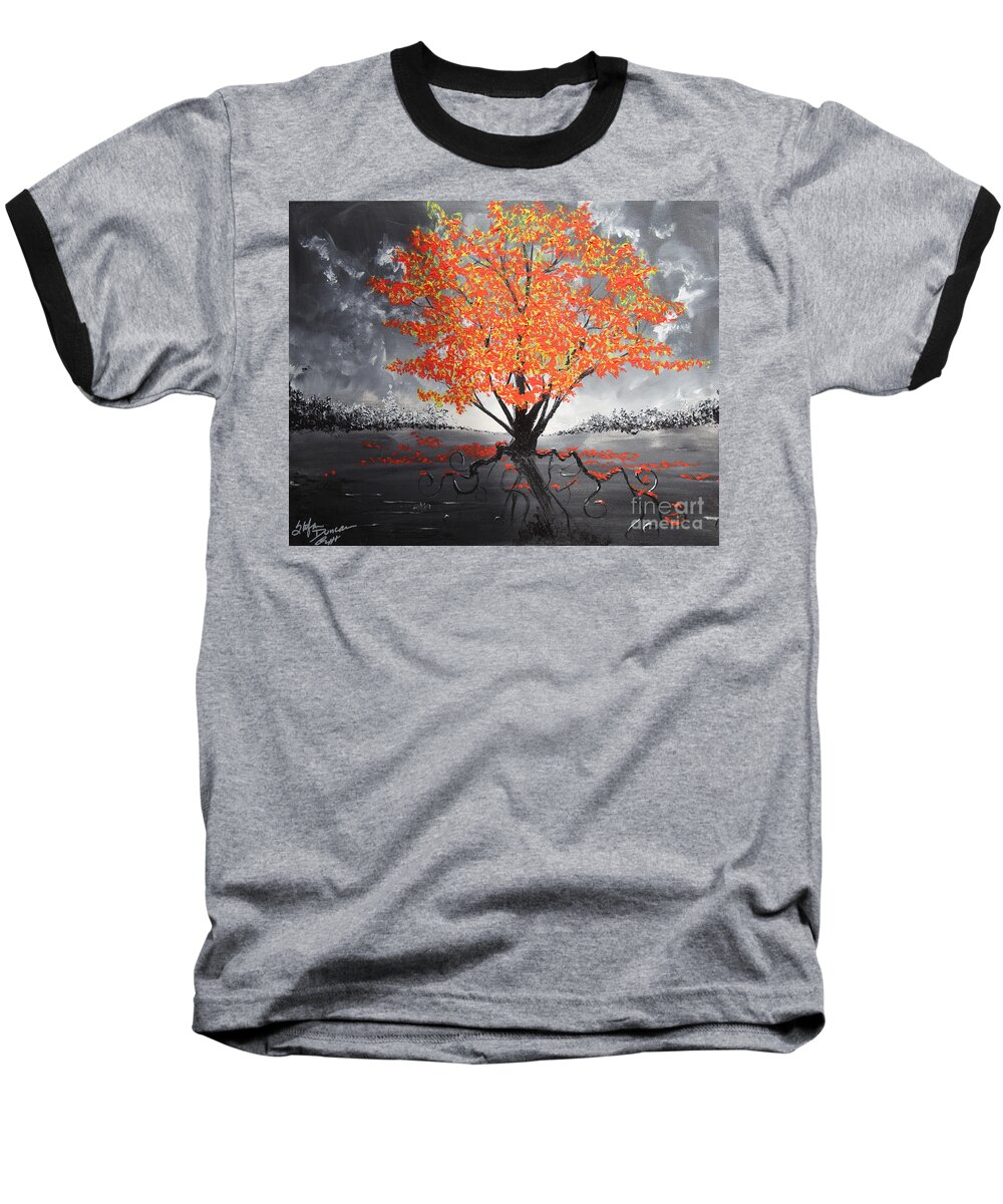 Red Tree Baseball T-Shirt featuring the painting Blaze In The Twilight #1 by Stefan Duncan