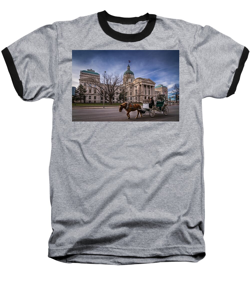 Indiana Baseball T-Shirt featuring the photograph Indiana Capital Building - Front with Horse Passing by Ron Pate