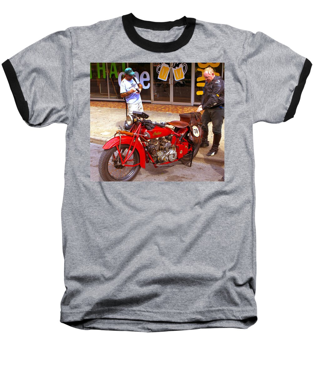 Cannonball Motorcle Baseball T-Shirt featuring the photograph Inspecting Indian #70 by Jeff Kurtz