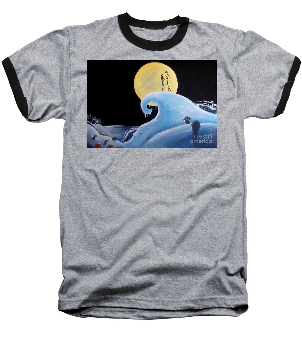 Marisela Mungia Baseball T-Shirt featuring the painting Jack and Sally Snowy Hill by Marisela Mungia