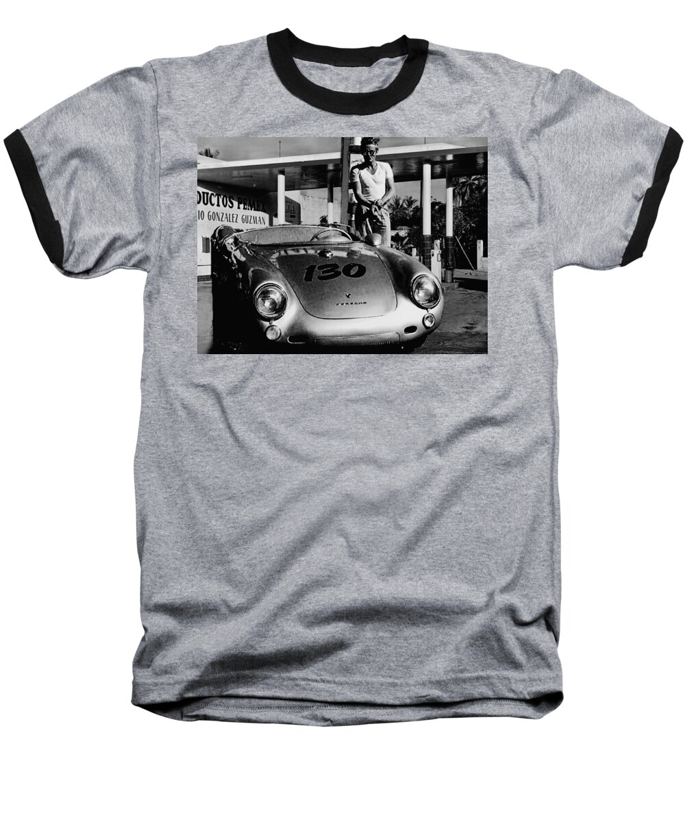 Art Digital Art Baseball T-Shirt featuring the photograph James Dean Filling His Spyder With Gas In Black and White by Doc Braham