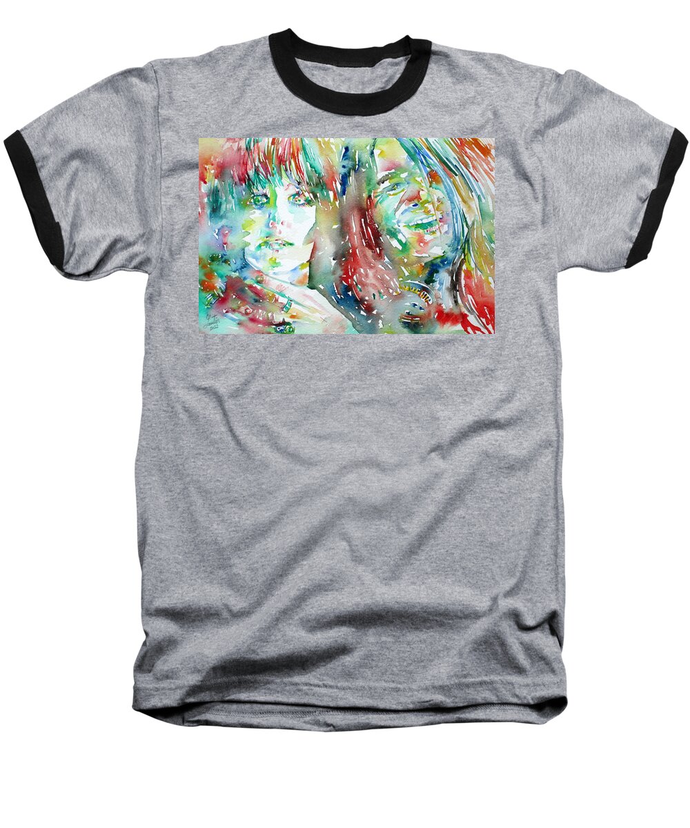 Janis Baseball T-Shirt featuring the painting JANIS JOPLIN and GRACE SLICK watercolor PORTRAIT.1 by Fabrizio Cassetta