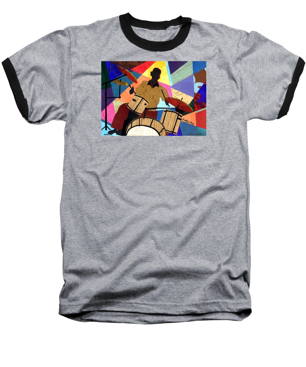 Everett Spruill Baseball T-Shirt featuring the mixed media Jazzy Drummer by Everett Spruill