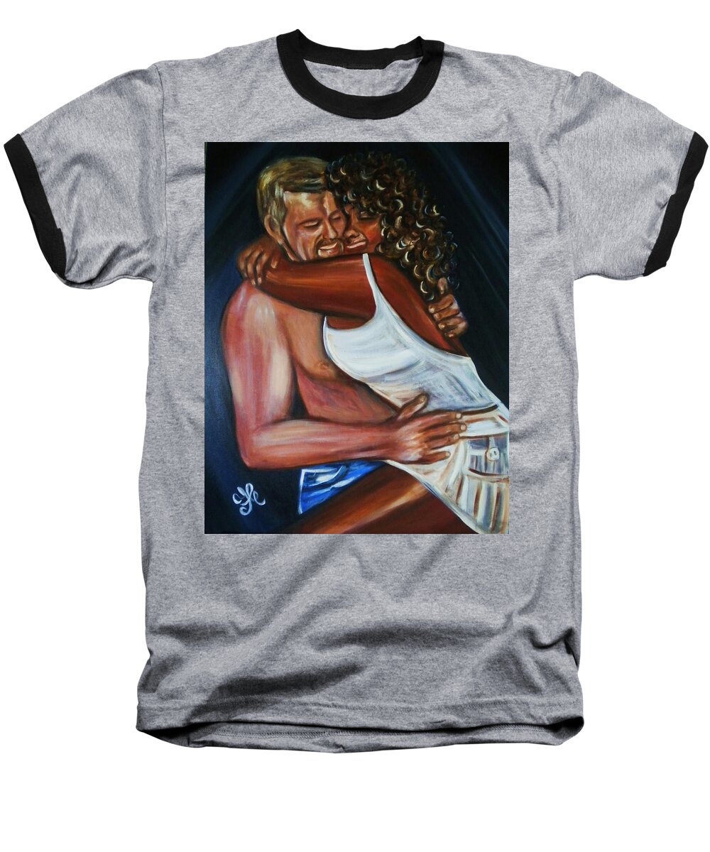 Love Paintings Baseball T-Shirt featuring the painting Jenny and Rene - Interracial Lovers Series by Yesi Casanova 