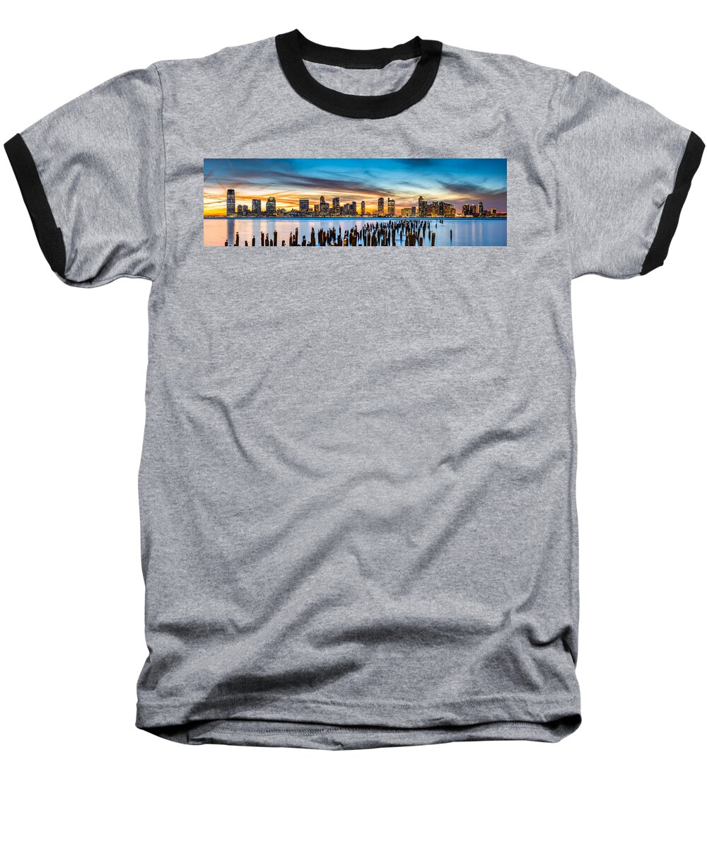 America Baseball T-Shirt featuring the photograph Jersey City panorama at sunset by Mihai Andritoiu