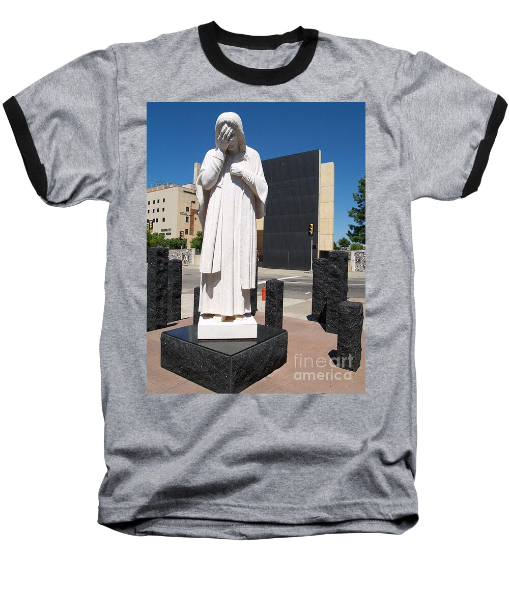 Oklahoma City Statue Baseball T-Shirt featuring the painting Jesus Wept by Robin Pedrero