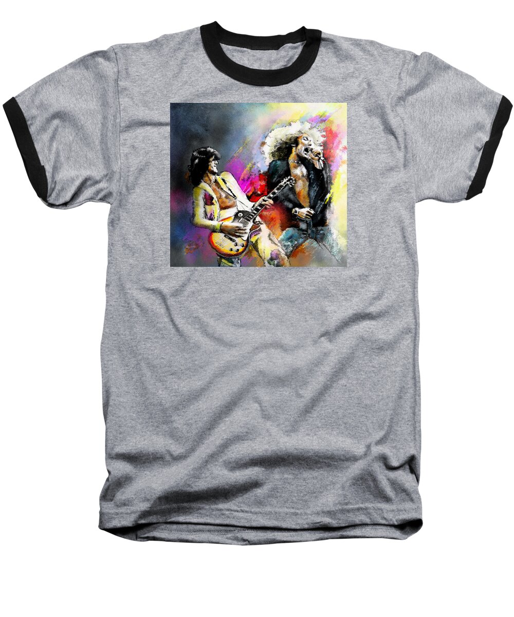 Musicians Baseball T-Shirt featuring the painting Jimmy Page and Robert Plant Led Zeppelin by Miki De Goodaboom