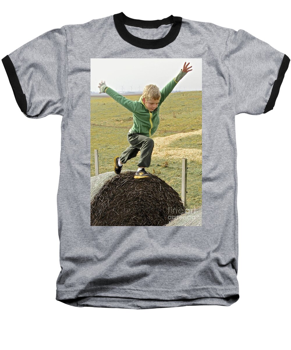 Haystacks Baseball T-Shirt featuring the photograph Jumping Haystacks by Suzanne Oesterling